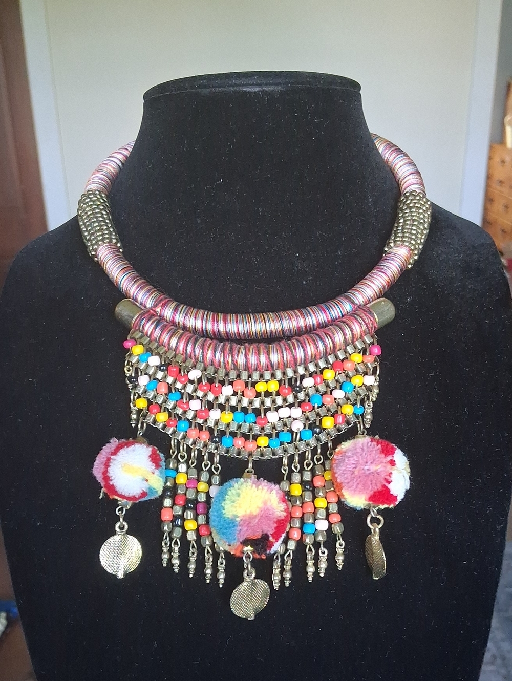 Bohemian Multi-Color Statement Necklace with Pom Pom Tassels Beads